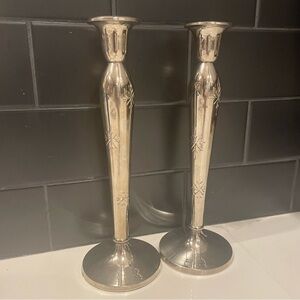 Vintage Pair Mid Century Silver Embossed/Cut Snowflake Taper Candlestick Holders